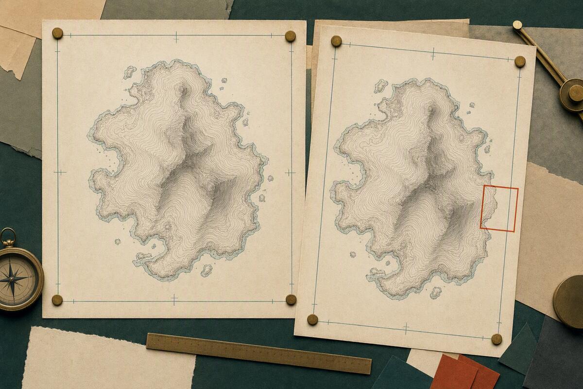 Two topographic map proofs side by side, with a red survey box marking a clipped shoreline on the export